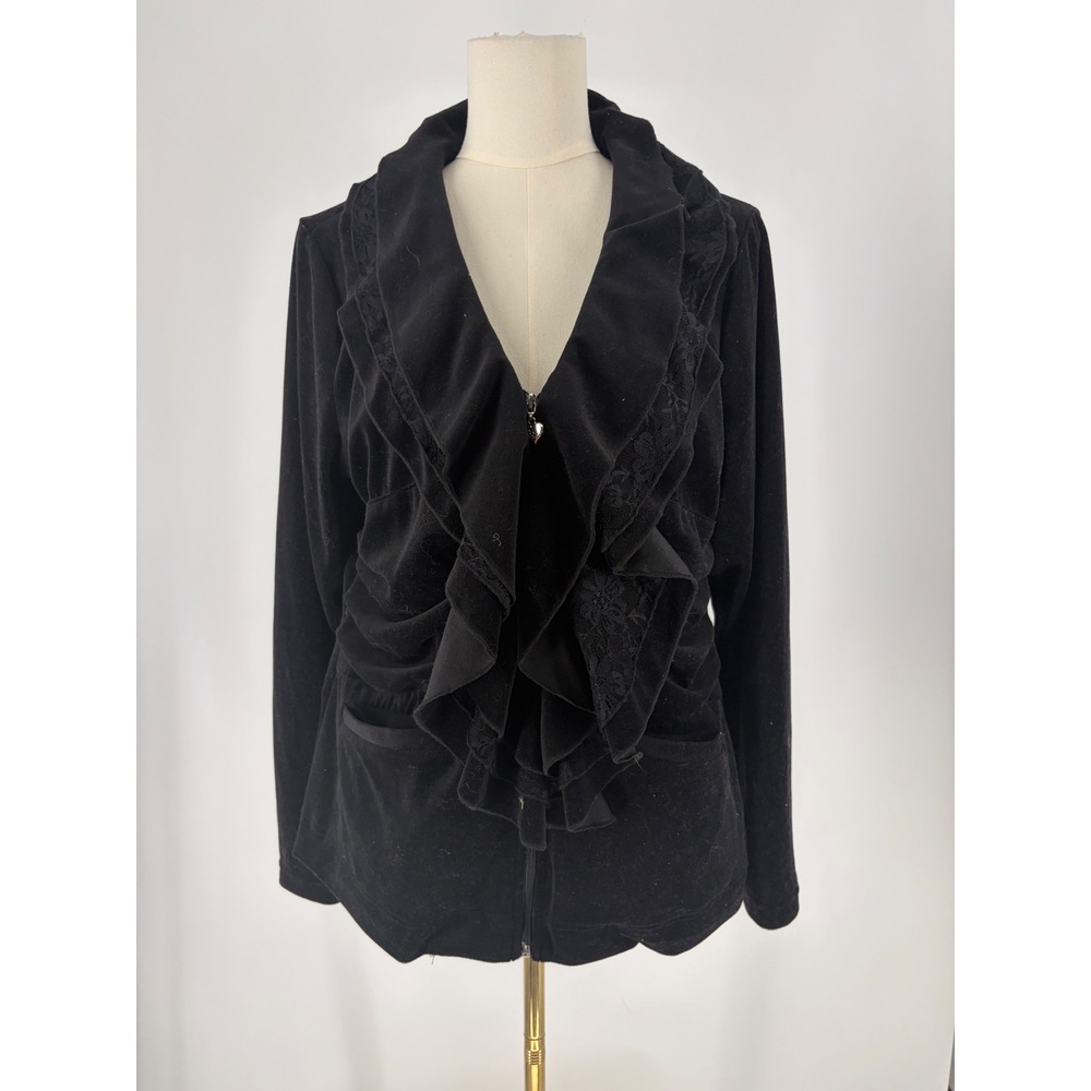 Black Ruffle Lace Trim Velvet Zip Up Jacket Heart Pull Womens Large Goth